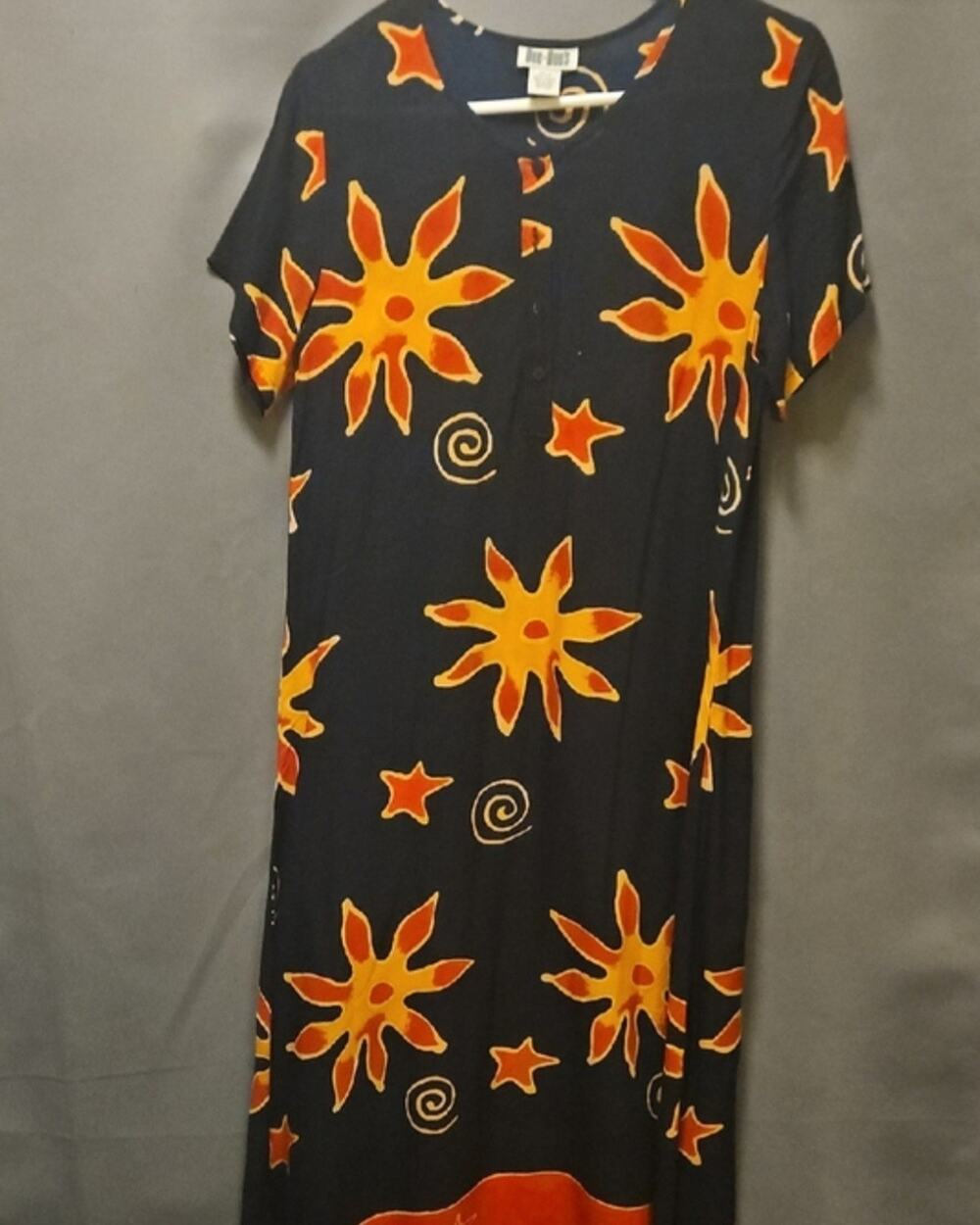 DeeDees Dress Womens Sz Small Maxi Black Orange Yellow Print
